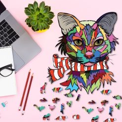 Colorful Fashionista Cat Image Wooden Puzzle